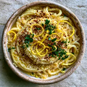 A close-up top-down photo of Garlic lemon pasta strands heavily coated in a translucent golden sauce with tiny bubbles and emerald parsley.
