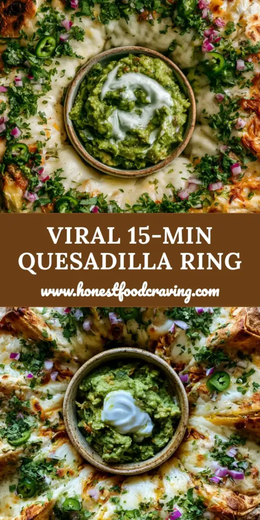Overhead view of a golden Blooming Quesadilla Ring Recipe with chunky guacamole and lime crema. (Blooming Quesadilla Ring Recipe)