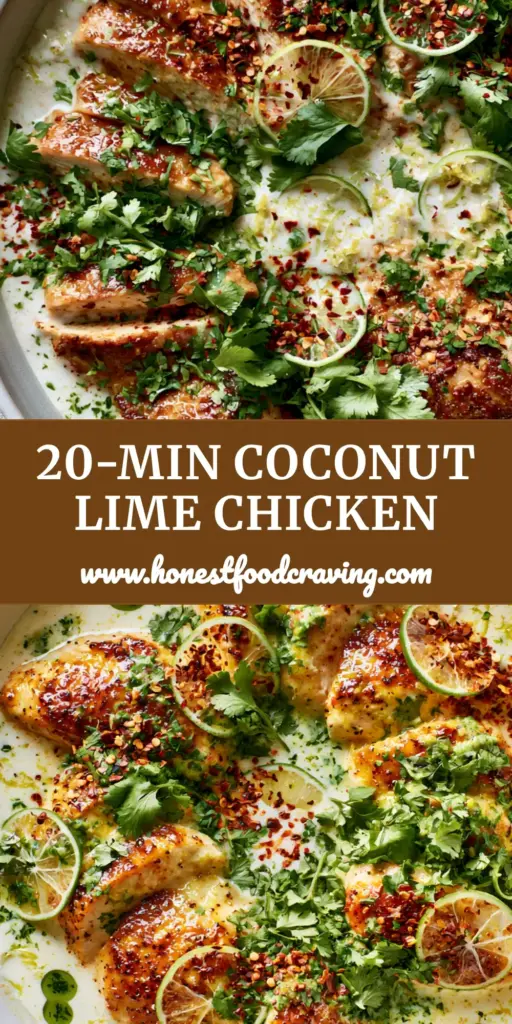 A high-angle view of a white skillet featuring the coconut chicken recipe with lime wheels, cilantro, and chili flakes over jasmine rice.