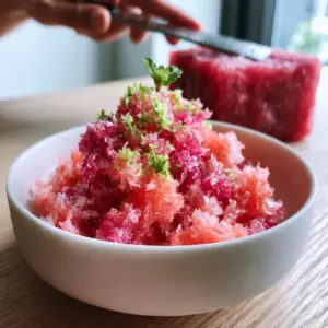 A close-up smartphone photo of fluffy watermelon shaved ice crystals in a white bowl showing delicate snow texture. (watermelon shaved ice)