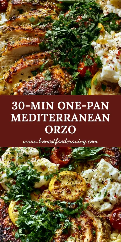 A top-down smartphone photo of Mediterranean Chicken Orzo in a ceramic skillet with golden chicken, blistered tomatoes, and feta. (Mediterranean Chicken Orzo)