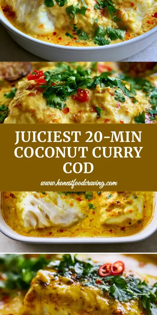 A professional top-down view of coconut curry baked cod in a white ceramic dish with golden sauce, red chili droplets, and charred lime wedges.