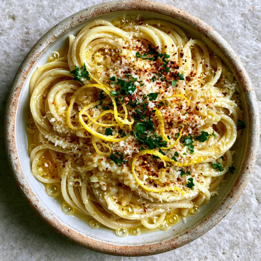 Swaying strands of spaghetti in a rustic bowl covered in snow-like parmesan and curls of lemon zest for Garlic lemon pasta.
