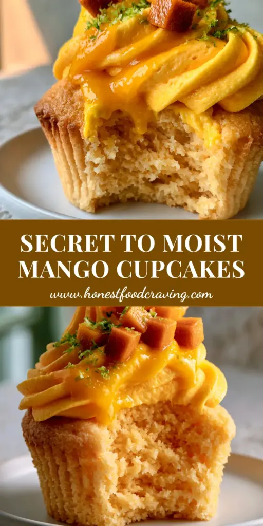 A close-up vertical shot of a mango cupcake with a bite taken out, showing the airy golden crumb and silky orange frosting. (mango cupcakes recipe)