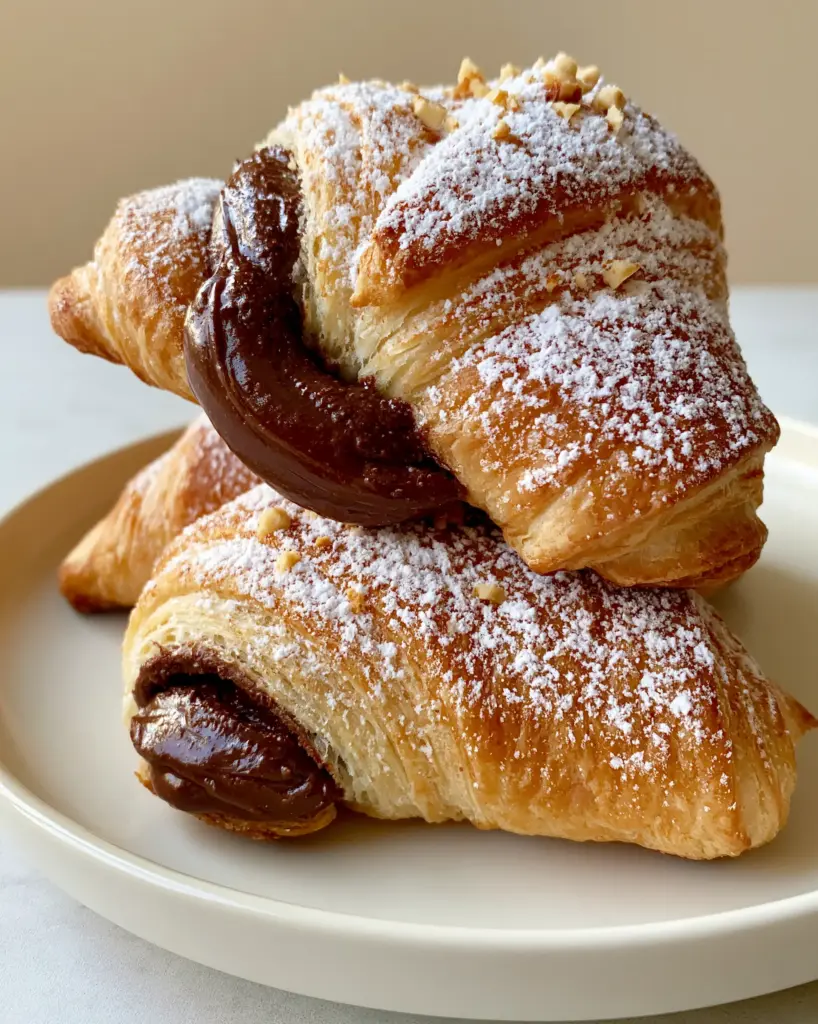 Nutella Rolls: The Ultimate Flaky Chocolate Hazelnut Crescent Pastry 2 Handheld smartphone photo of three freshly baked Nutella crescent rolls on a ceramic plate, featuring a crispy exterior and warm chocolate-hazelnut filling.