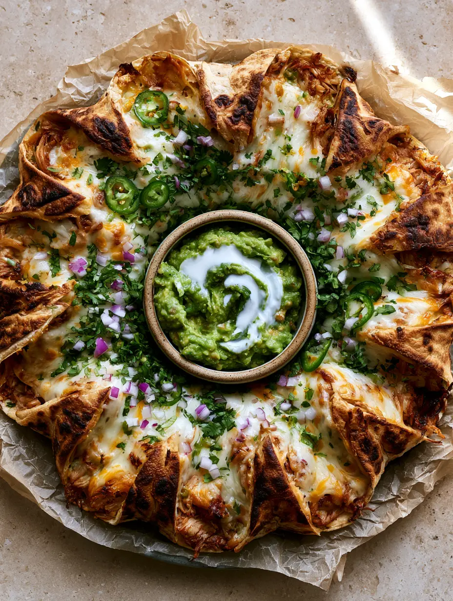 Bird-eye view of a viral blooming quesadilla ring on parchment paper. (Blooming Quesadilla Ring Recipe)
