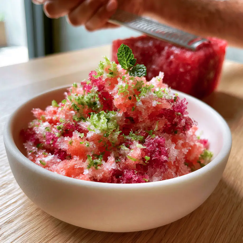 A hand holding a microplane grater over a block of frozen watermelon, shaving it into a bowl. (watermelon shaved ice)