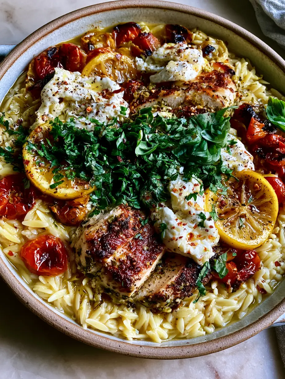 Rustic ceramic skillet filled with creamy Mediterranean Chicken Orzo, roasted lemons, and fresh herbs. (Mediterranean Chicken Orzo)