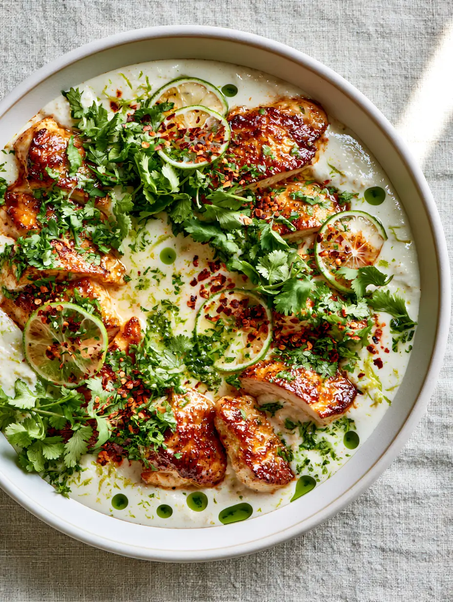 Sizzling golden-brown chicken slices in a thick white coconut sauce with lime zest. (coconut chicken recipe)