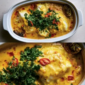 Split view composition of coconut curry baked cod showing a top-down pan view and a macro shot of a flaky fillet dripping in sauce.