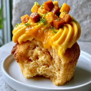 Macro photo of a mango cupcake with vibrant orange-yellow buttercream and lime zest. (mango cupcakes recipe)