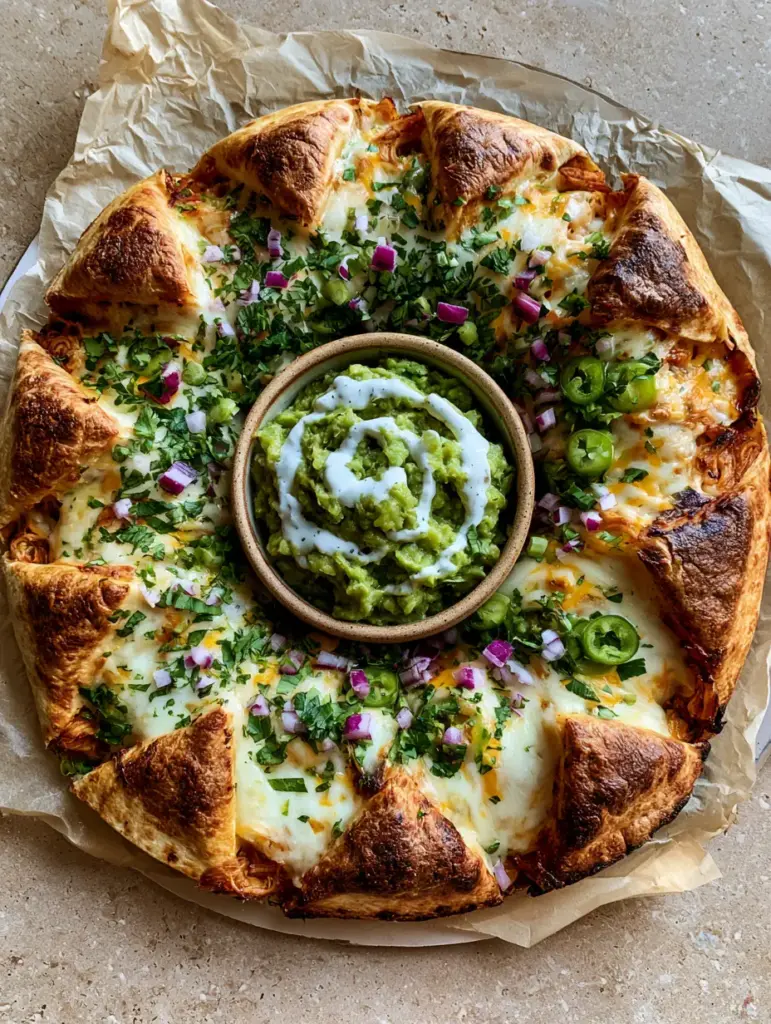 Close up of melted Oaxaca cheese and bubbling cheddar in a Blooming Quesadilla Ring Recipe.