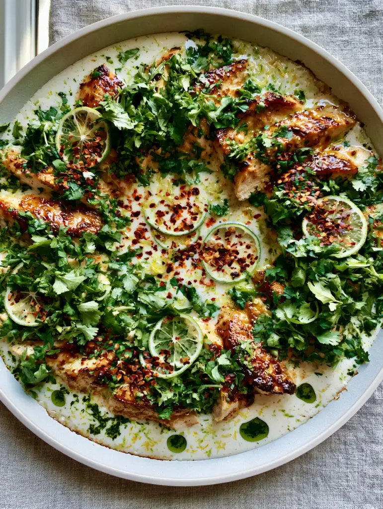 Close-up of velvety coconut sauce with green herb oil droplets and red chili flakes. (coconut chicken recipe)