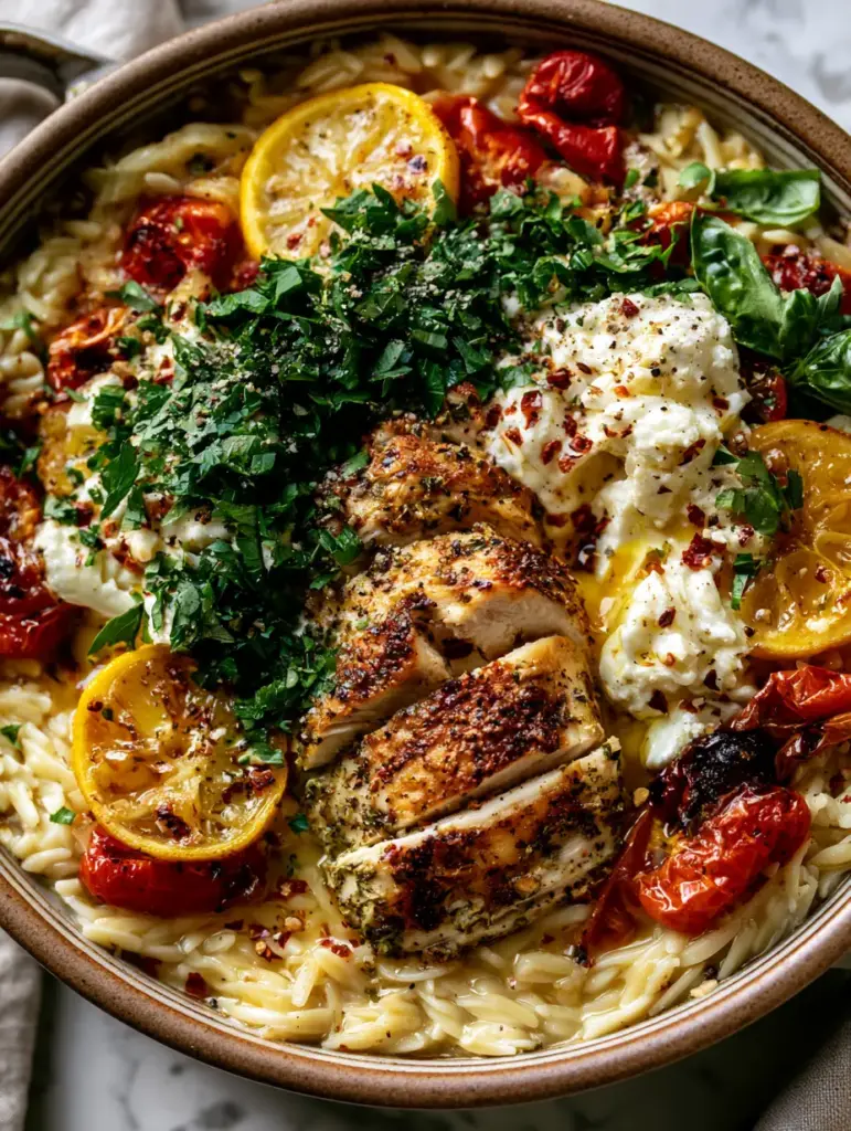 Thick slices of golden-brown seared chicken breast nestled in lemon orzo with melting feta. (Mediterranean Chicken Orzo)