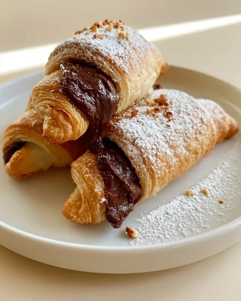 Nutella Rolls: The Ultimate Flaky Chocolate Hazelnut Crescent Pastry 1 Close-up of golden Nutella crescent rolls with visible flaky layers, powdered sugar, and toasted hazelnut crumbles on a minimalist beige background.