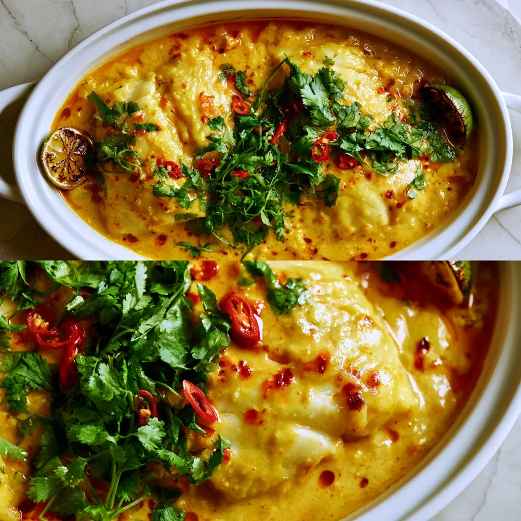 Extreme close-up macro shot of a fork-tender cod fillet glistening with creamy golden coconut curry sauce and red chili oil.