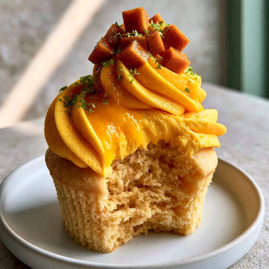 Eye-level view of a single mango cupcake on a white plate with a bite taken out. (mango cupcakes recipe)