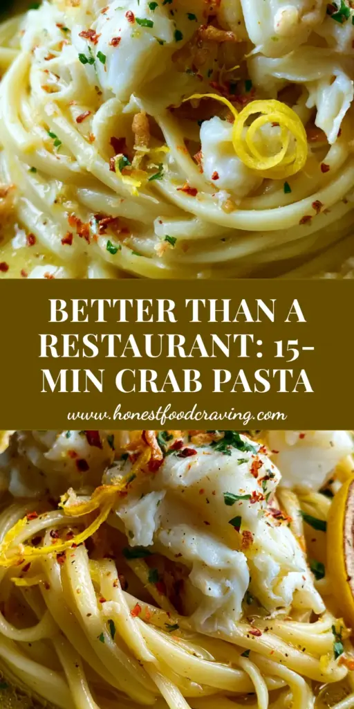 A close-up twirl of linguine crab pasta with large jumbo lump crab chunks and toasted garlic slivers in a charcoal bowl.