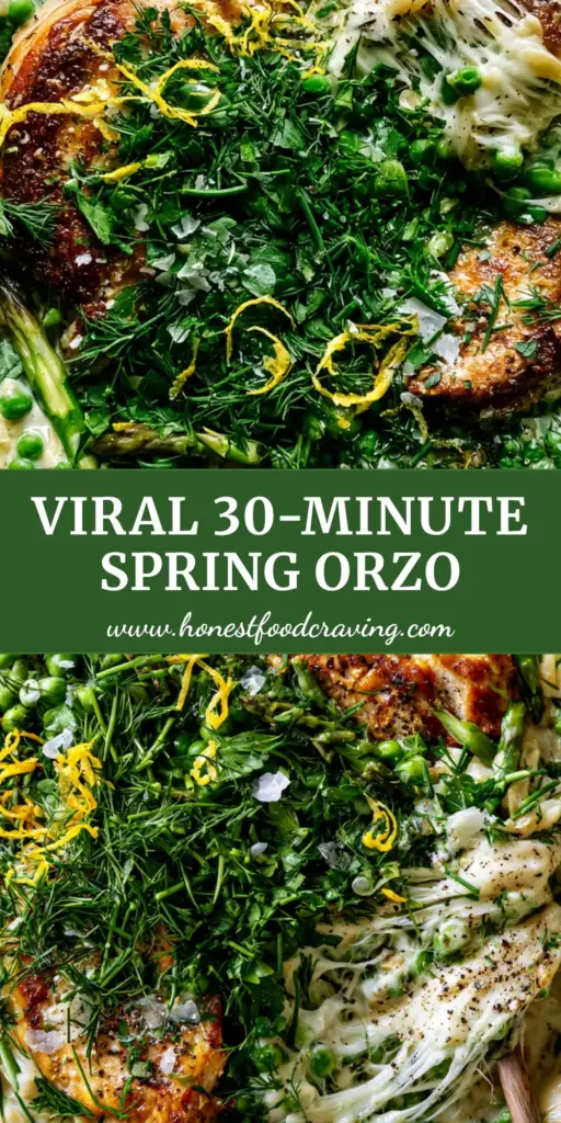 Creamy Spring Herb Chicken Orzo with Lemon and Asparagus 4 A close-up of a wooden spoon lifting a portion of creamy spring herb chicken orzo from a white skillet, showing stringy melted parmesan and fresh dill.