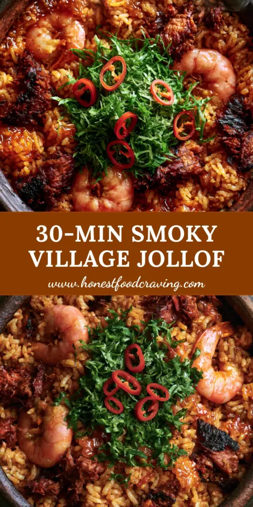 Native Jollof Rice: The Ultimate Smoky One-Pot Nigerian Feast 5 A close-up shot of Native Jollof Rice in a clay pot with fluffy grains, pink prawns, and green scent leaves garnish.