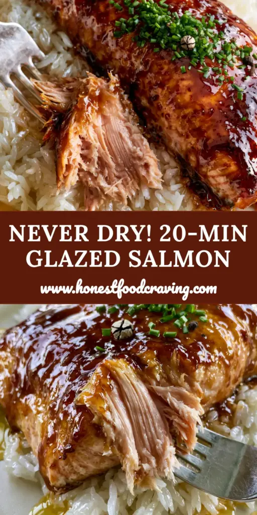 An extreme top-down close-up of a thick brown sugar glazed salmon fillet flaked with a silver fork over pearlescent jasmine rice.