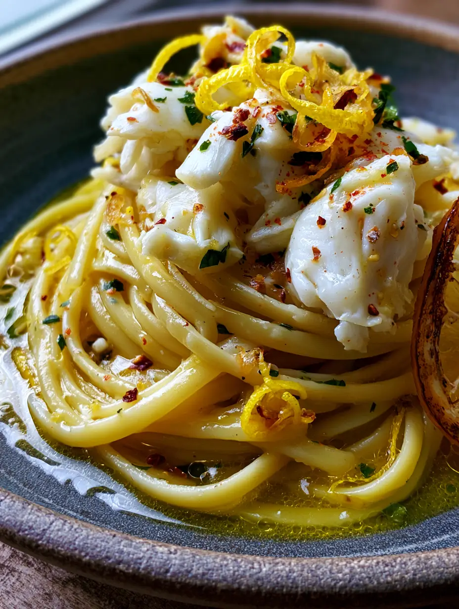 Extreme macro of glossy crab pasta sauce with lemon zest and red pepper flakes. (crab pasta)