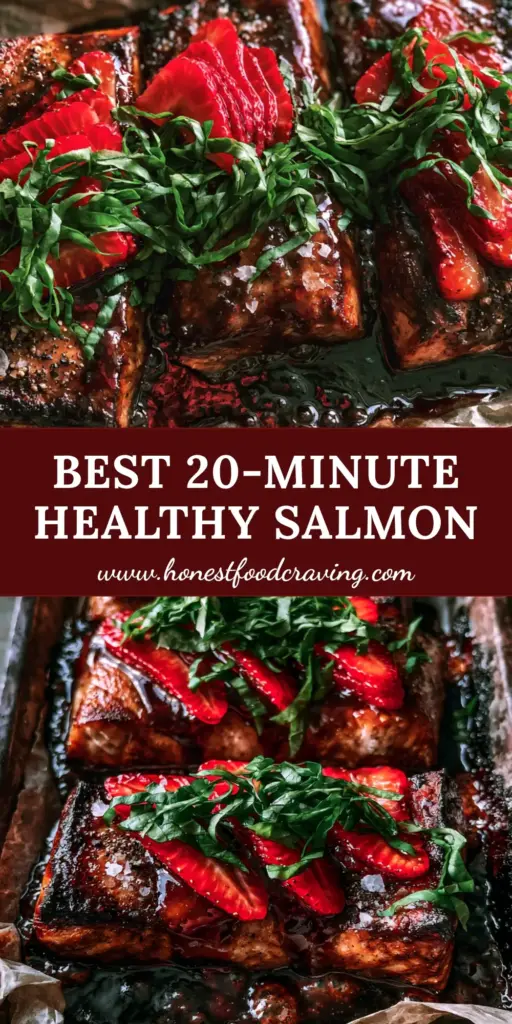 A top-down view of Strawberry Balsamic Glazed Salmon on a rustic grey sheet pan with fresh basil and strawberries.
