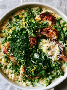 Top-down view of creamy spring herb chicken orzo in a luxury white ceramic skillet with seared chicken, peas, and fresh herbs.