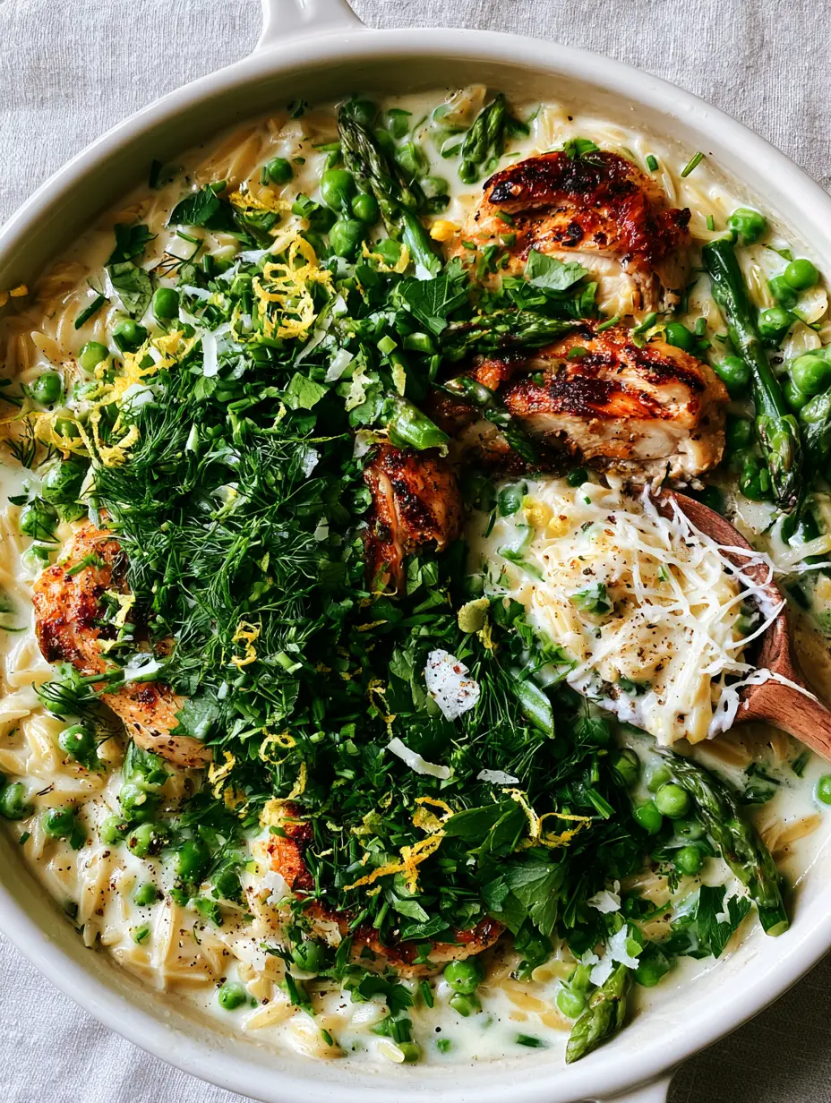 Creamy Spring Herb Chicken Orzo with Lemon and Asparagus 3 Top-down view of creamy spring herb chicken orzo in a luxury white ceramic skillet with seared chicken, peas, and fresh herbs.