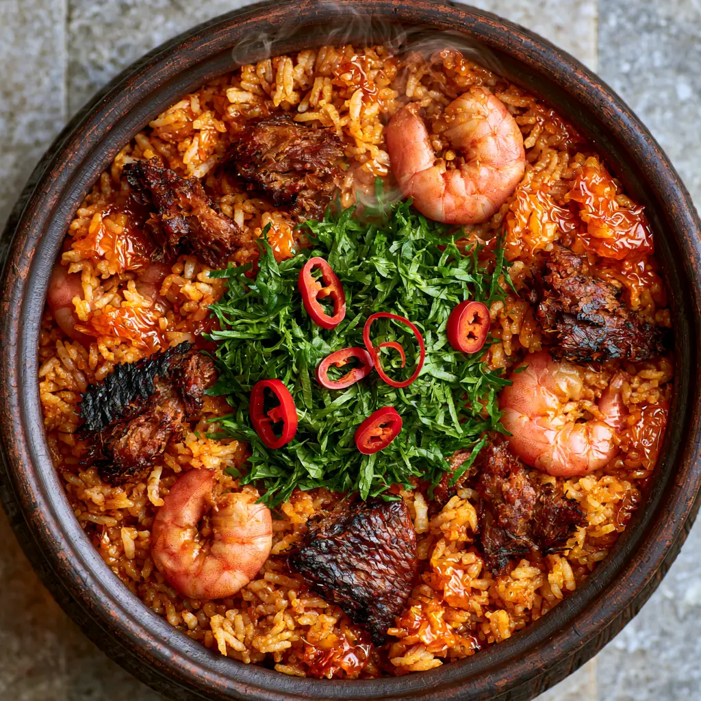 Native Jollof Rice: The Ultimate Smoky One-Pot Nigerian Feast 2 Macro top-down shot of Native Jollof Rice highlighting individual grains coated in glossy red palm oil and chunky fish flakes.