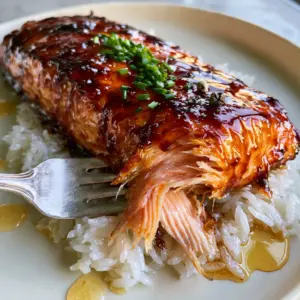 Close-up of bubbling mahogany-colored brown sugar and garlic butter glaze on Atlantic salmon. (brown sugar glazed salmon)