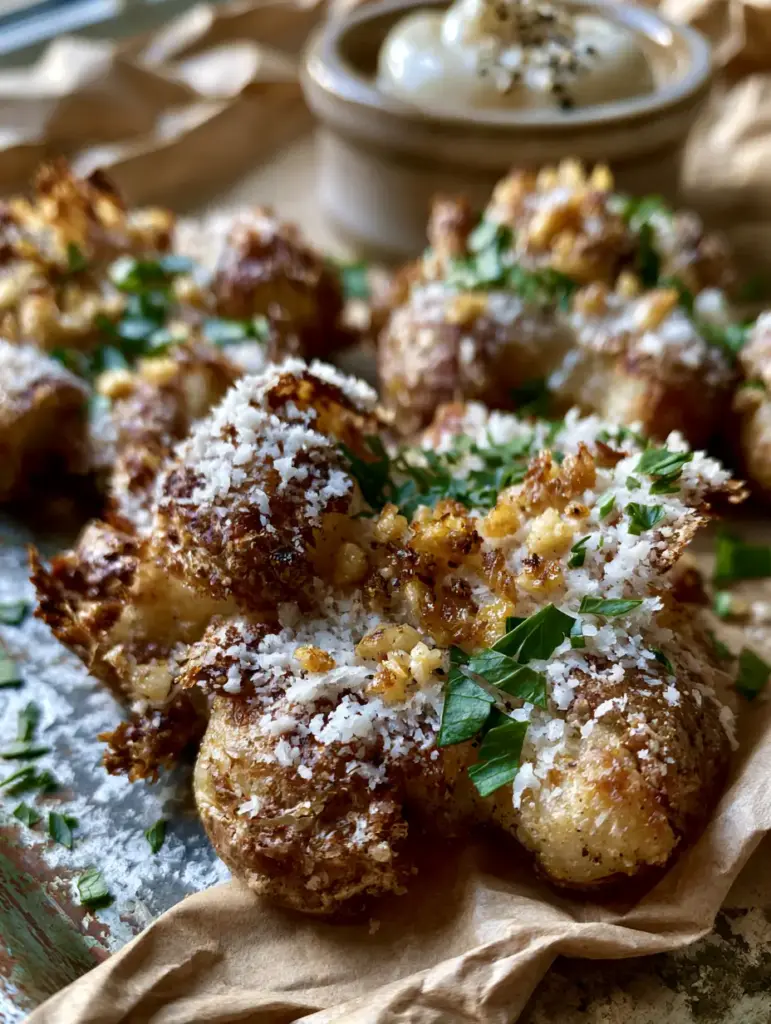 Smashed Baby Potatoes with Shattered Edges and Garlic Aioli 1 Smashed baby potatoes dusted with microplane parmesan and fresh parsley next to a ramekin of garlic aioli.