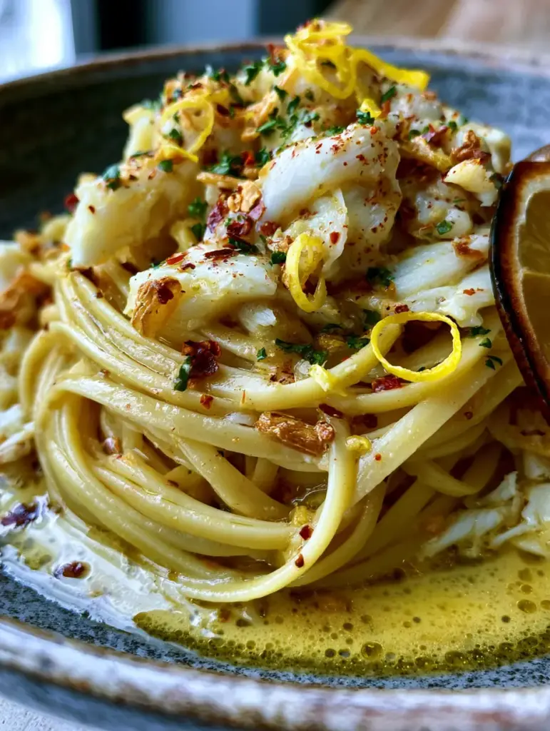 A twirl of linguine pasta topped with a massive chunk of white jumbo lump crab meat. (crab pasta)