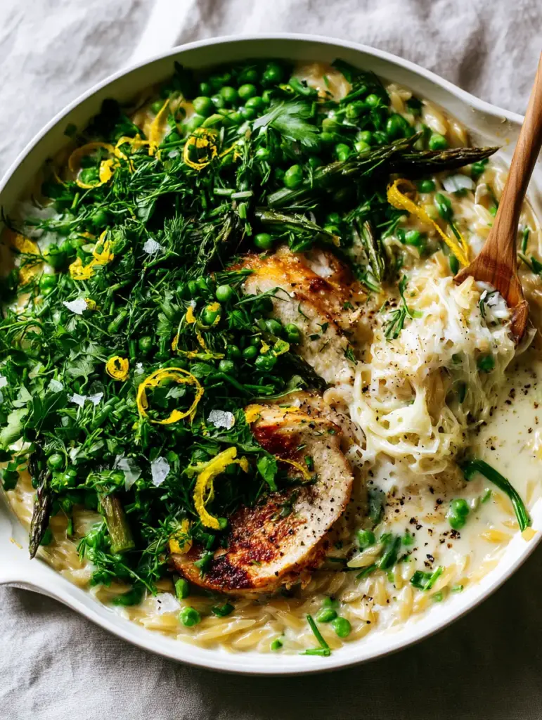 Creamy Spring Herb Chicken Orzo with Lemon and Asparagus 1 Detail shot of velvety orzo pearls in a pale lemon-cream sauce topped with seared chicken and bright green asparagus tips.