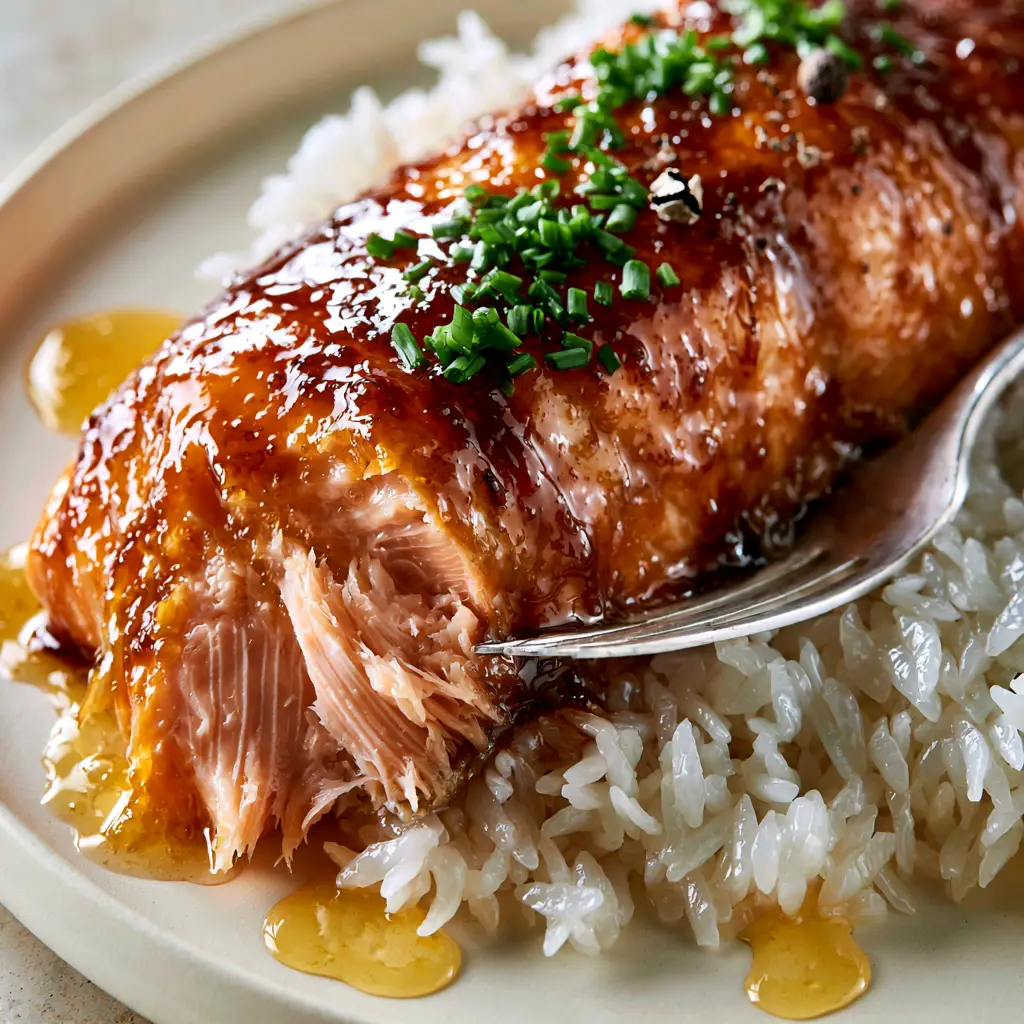 A silver fork flaking away a moist, pink chunk of succulent brown sugar glazed salmon showing visible fat lines.