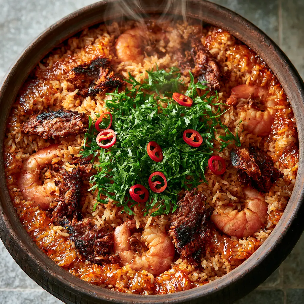 Native Jollof Rice: The Ultimate Smoky One-Pot Nigerian Feast 1 Rustic clay pot containing Native Jollof Rice topped with succulent prawns and red scotch bonnet rings on a stone surface.