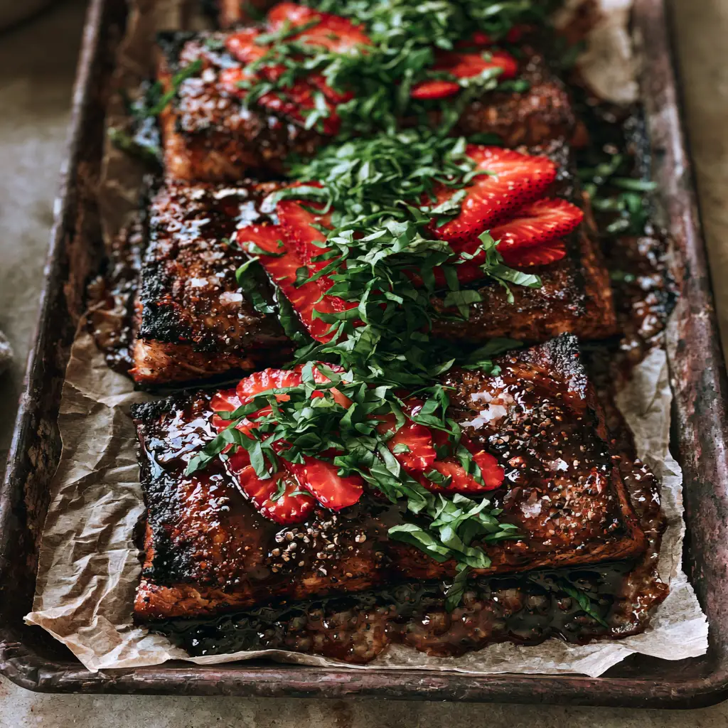 Close-up of glossy dark-ruby balsamic reduction over salmon topped with fresh strawberries and basil ribbons.