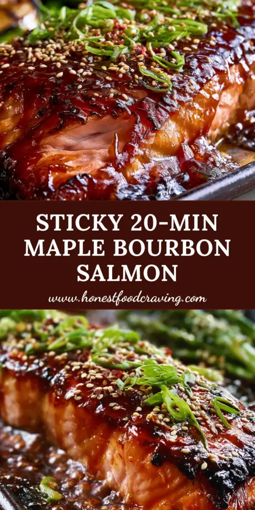 Maple Bourbon Glazed Salmon with Blistered Asparagus and Roasted Lemon 4 An ultra-close-up photo of a thick maple bourbon glazed salmon fillet on a rustic pan with charred lemon and asparagus. (maple bourbon glazed salmon)