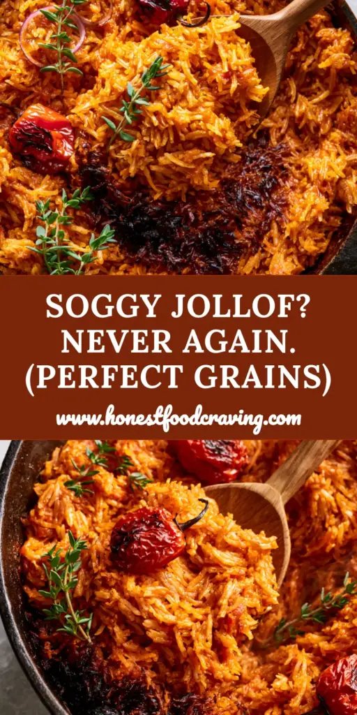 Top-down view of Authentic Cameroonian Jollof Rice in a black cast iron pot with charred peppers and red onion rings.