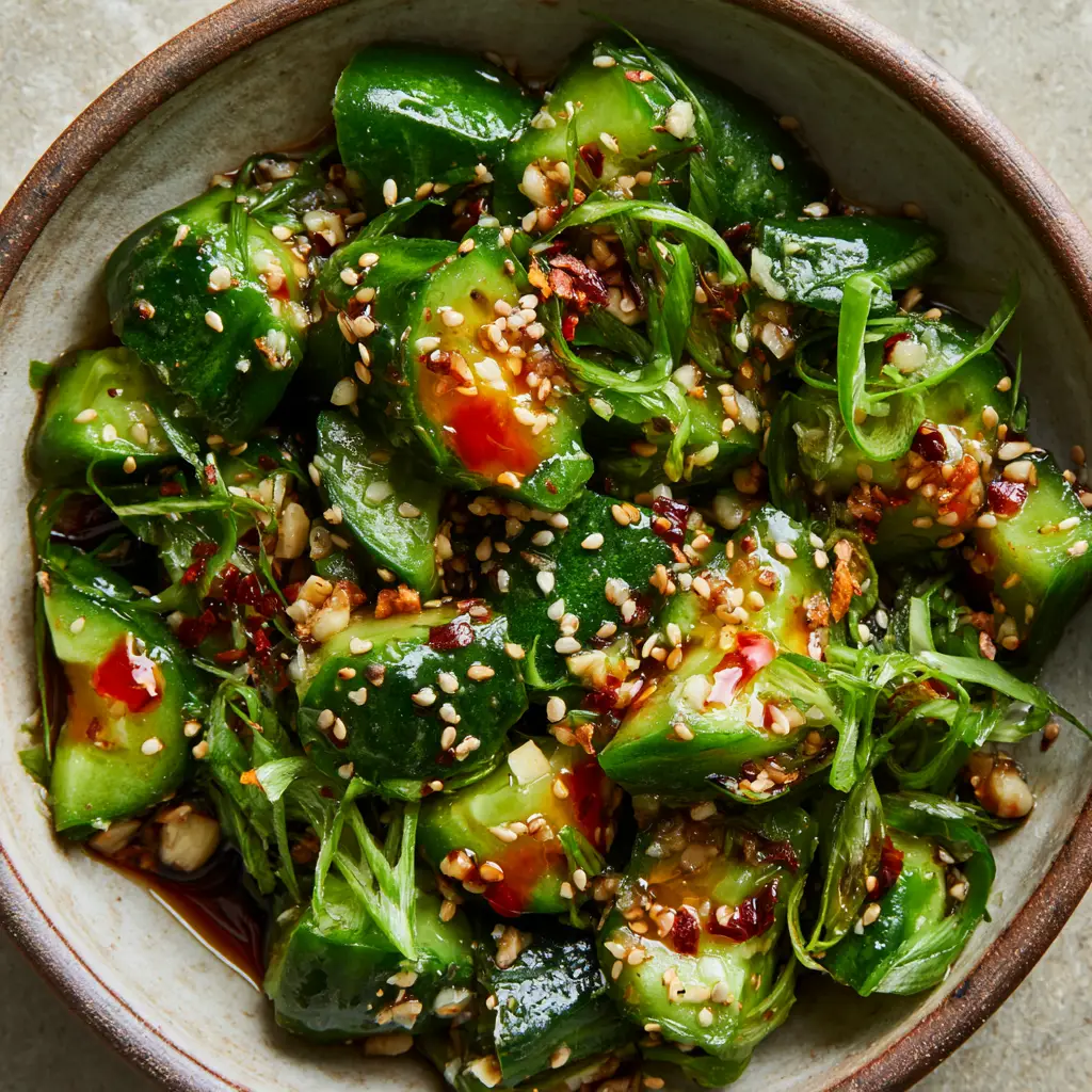 Asian cucumber salad drenched in glossy dark soy and sesame oil with ribbons of green scallions.