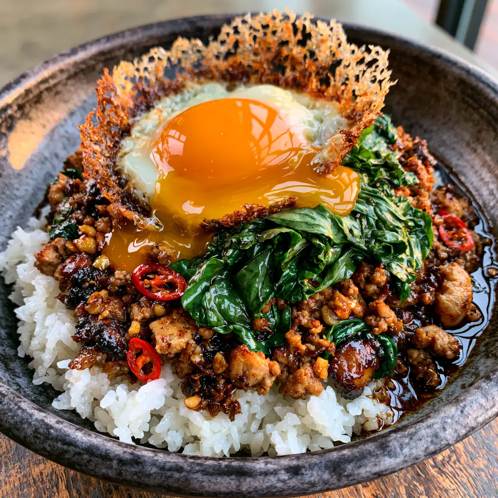 Overhead view of Thai basil chicken with a runny egg yolk spilling over seared chicken crumbles and white jasmine rice.