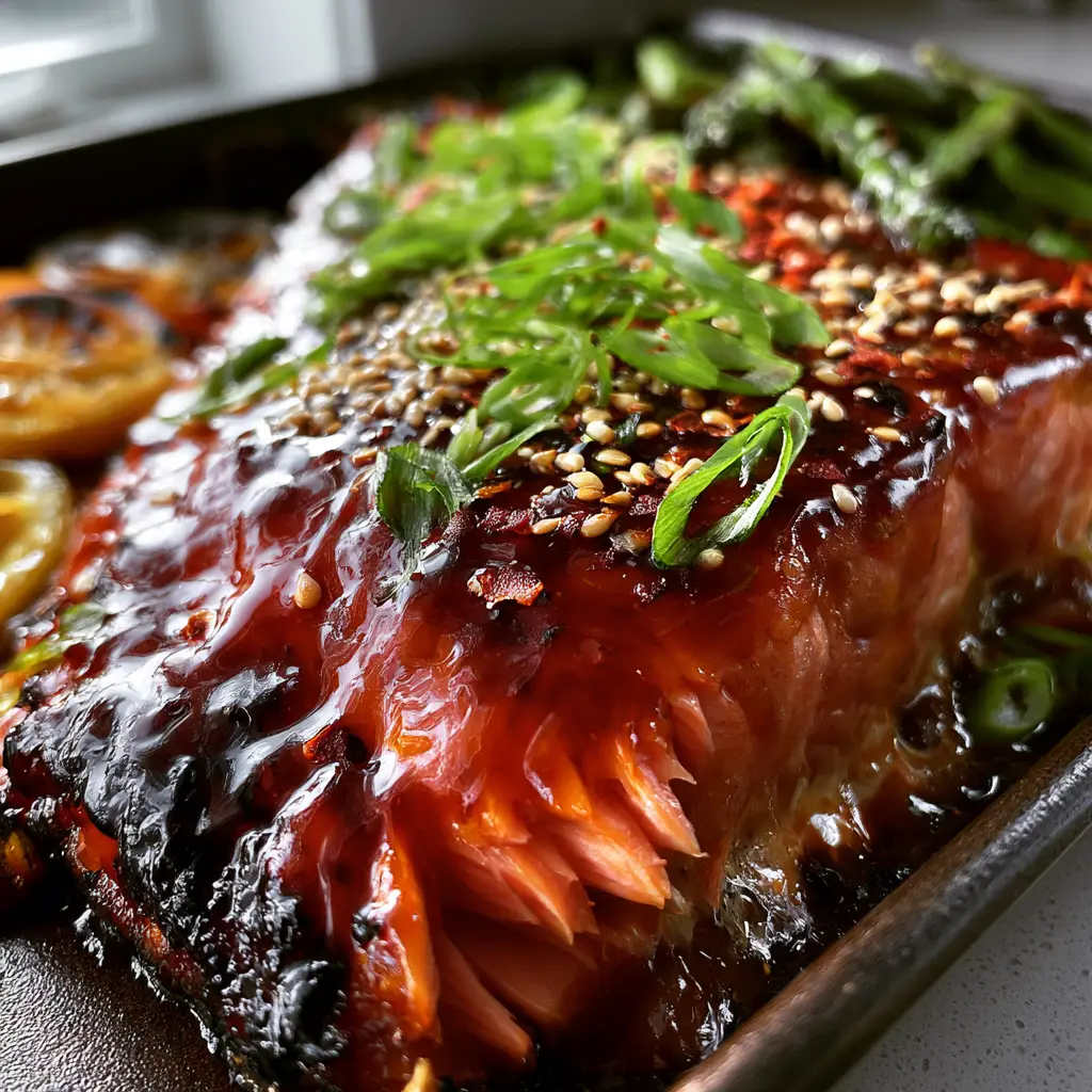 Maple Bourbon Glazed Salmon with Blistered Asparagus and Roasted Lemon 2 Handheld shot of bubbling translucent maple bourbon glazed salmon with scallions and sesame seeds. (maple bourbon glazed salmon)