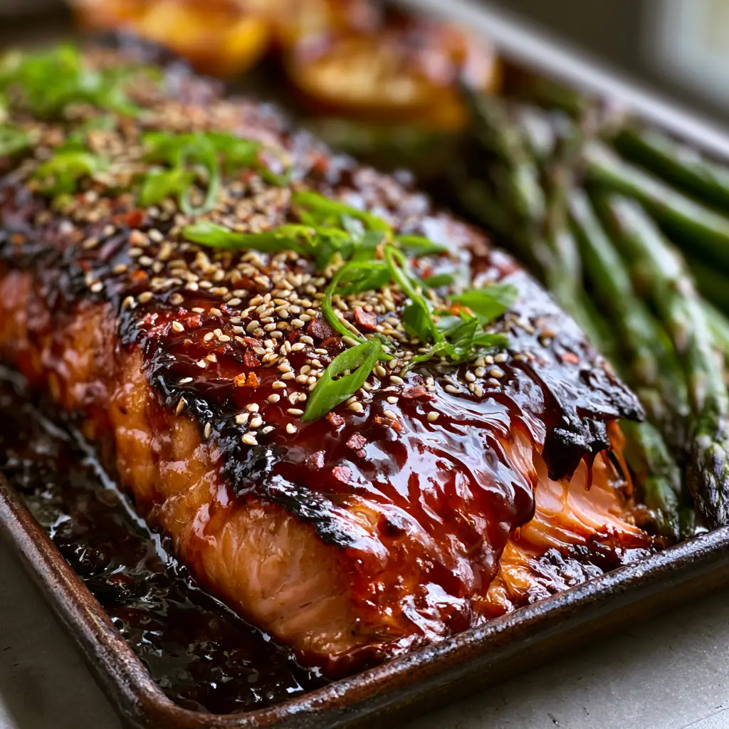 Maple Bourbon Glazed Salmon with Blistered Asparagus and Roasted Lemon 1 Moist pink interior of a flaked maple bourbon glazed salmon fillet next to blistered asparagus.