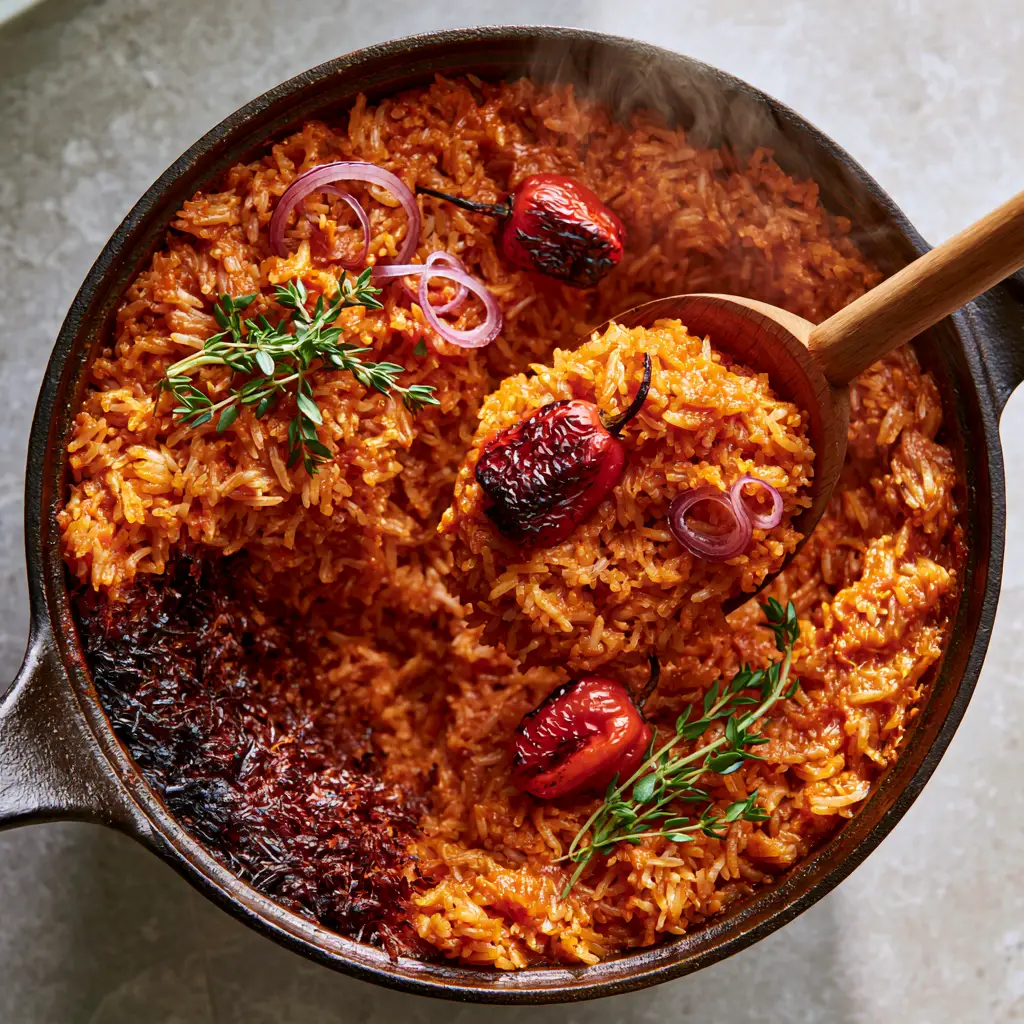 A wooden spoon lifting Cameroonian Jollof Rice to reveal the crispy dark brown burnt rice base at the bottom of the pot.