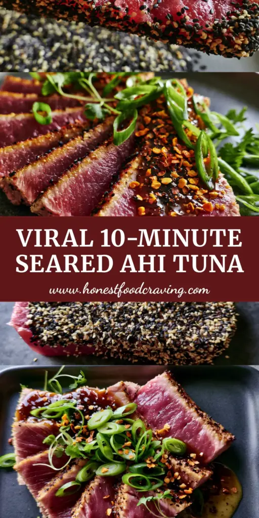 A professional vertical split-screen showing a raw tuna steak being coated in sesame seeds and the finished sliced seared tuna steak recipe with a soy-ginger glaze.