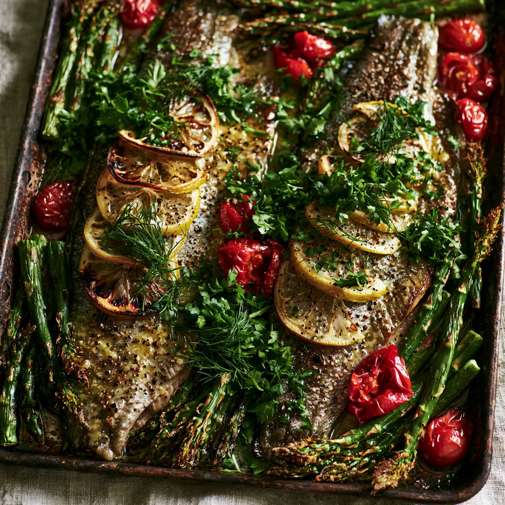 Two trout fillets shingled with charred lemon rounds surrounded by blistered tomatoes and asparagus.