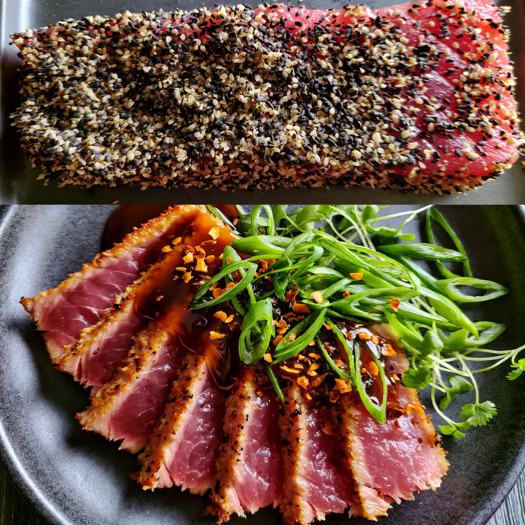 Close-up of perfectly sliced seared tuna steaks with a 2mm golden-brown crust and pink rare center.