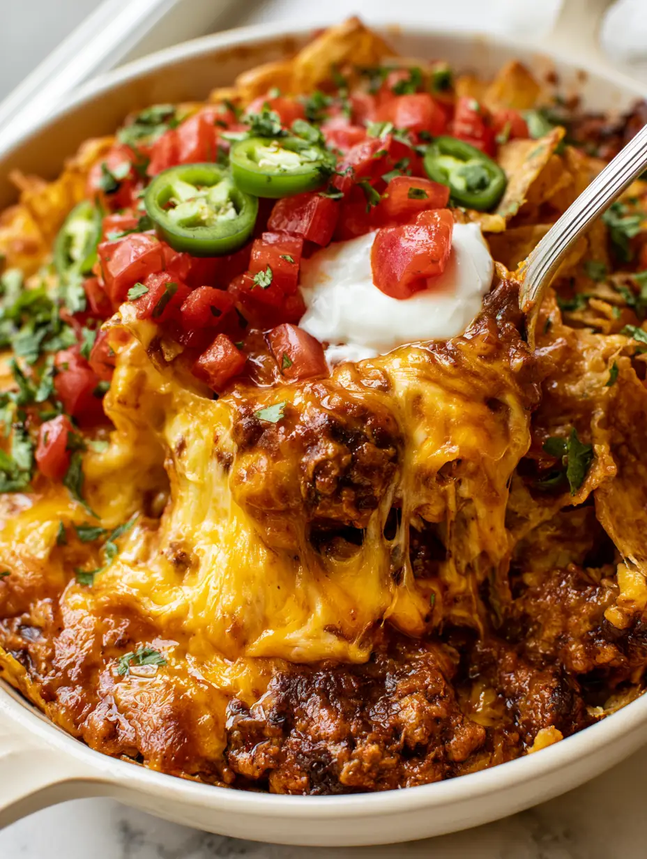 A macro close-up of browned beef and melted sharp cheddar and monterey jack cheese. (taco casserole recipe)