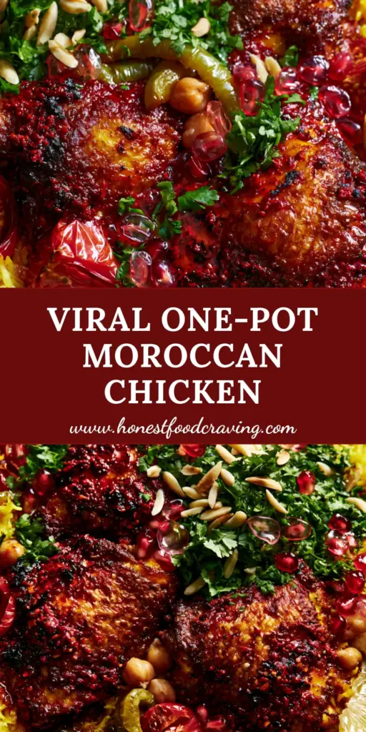 A top-down shot of a rustic ceramic skillet containing Moroccan Chicken and Rice with golden saffron rice and crispy harissa chicken. (Moroccan Chicken and Rice)