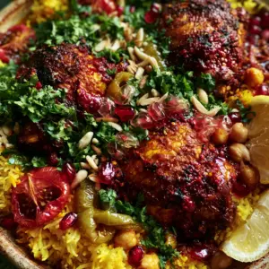 Macro shot of fluffy golden saffron rice with blistered tomatoes and seared harissa chicken. (Moroccan Chicken and Rice)